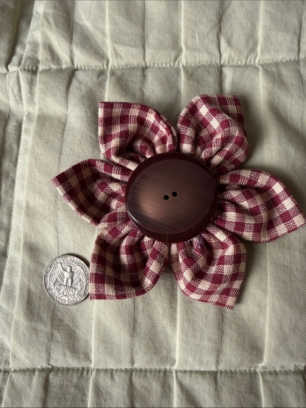 Handmade Burgundy Gingham Flower Brooch - Women Accessories